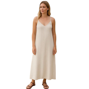 100% Linen Maxi Dress Strapy Women's Antibes Blanc Sleeveless Beige Gold V Neck